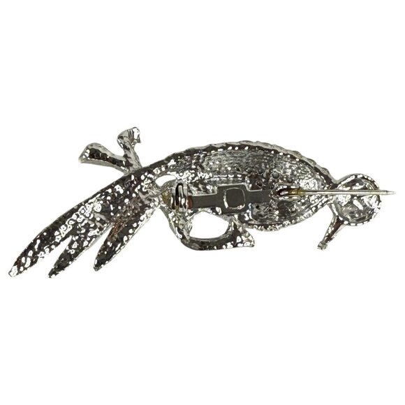 Rhinestone Bird On Tree Branch Brooch Pin With Red Eye & Silver Finish - Picture 7 of 7